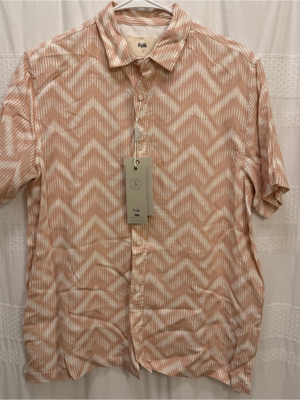 NWT Folk Arrow Short Sleeve Shirt Buttondown Pink Mens Small Linen Viscose Blend